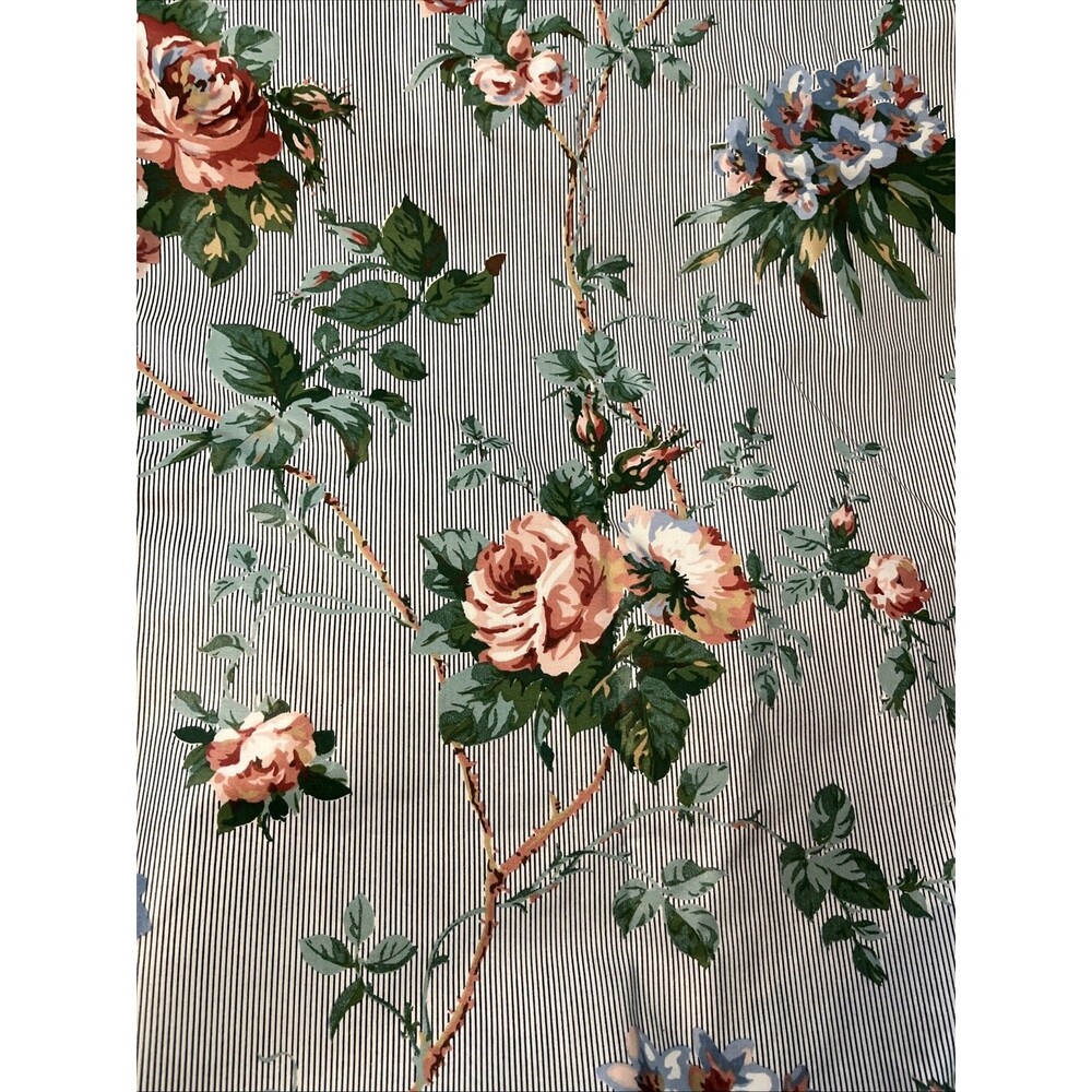 Vintage Designers Gallery Clarendon Fabric Chintz Navy Striped Floral 4.5 Yds 54